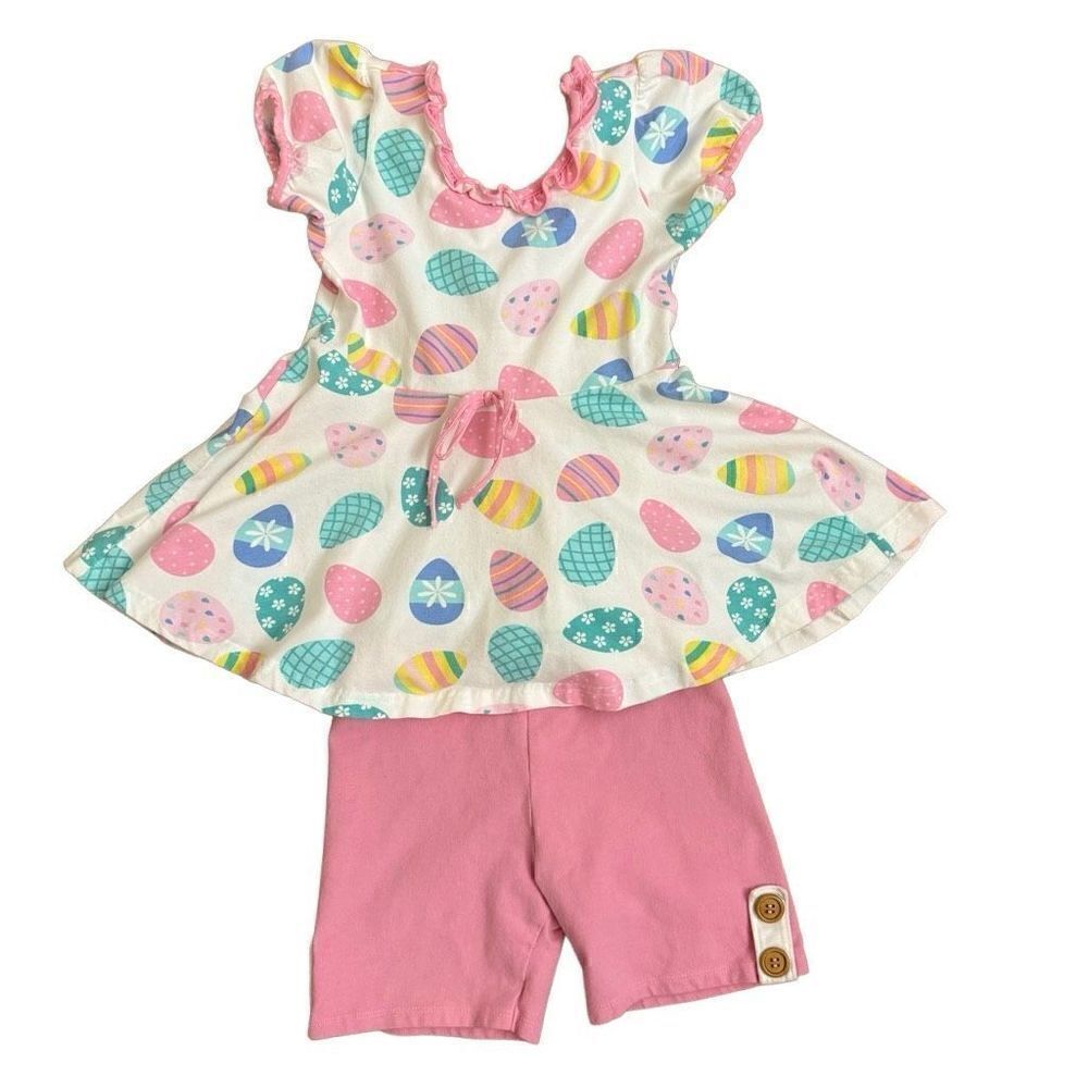 Eleanor Rose Annie Top White with Easter Eggs & Marianne Shorts in Pink Size 7-8